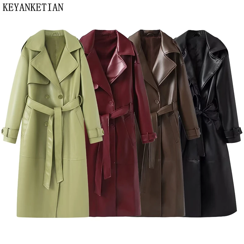 

KEYANKETIAN осенняя новая женская одежда с лацканами на плечах и поясом, свободная однотонная длинная кожаная ветровка, женское пальто