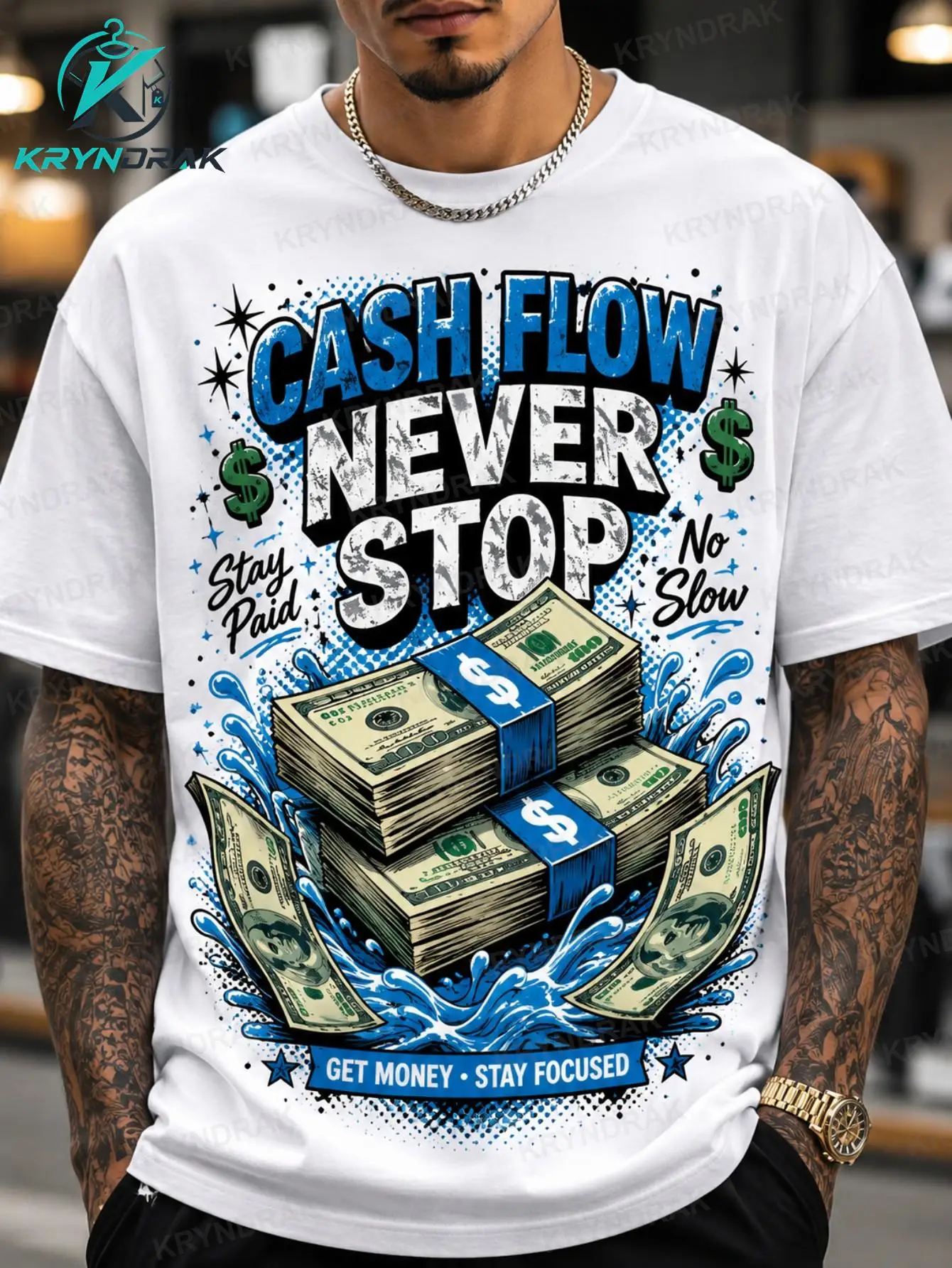 New Men's Printed T‑Shirt, Gold Coin & Cash Pattern, American Hip‑Hop Hard‑Core Vibe Retro Street‑Style Short‑Sleeve Top