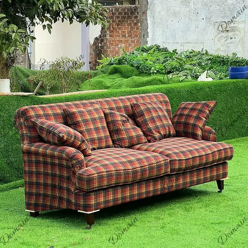 N80 Vintage Plaid Fabric Sofa 3-Seat Living Room Photography Prop French Retro Straight Sofa