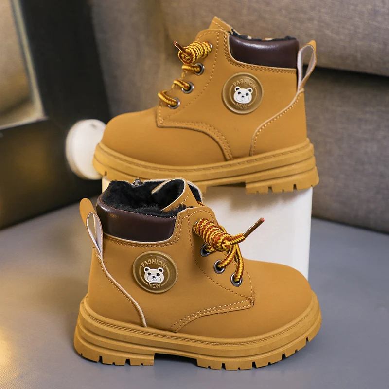 

2025 Autumn/Winter Children Boots Boys Girls Leather Boots Thicken Plush Fashion Waterproof Non-slip Warm Kids Boots Shoes 22-33