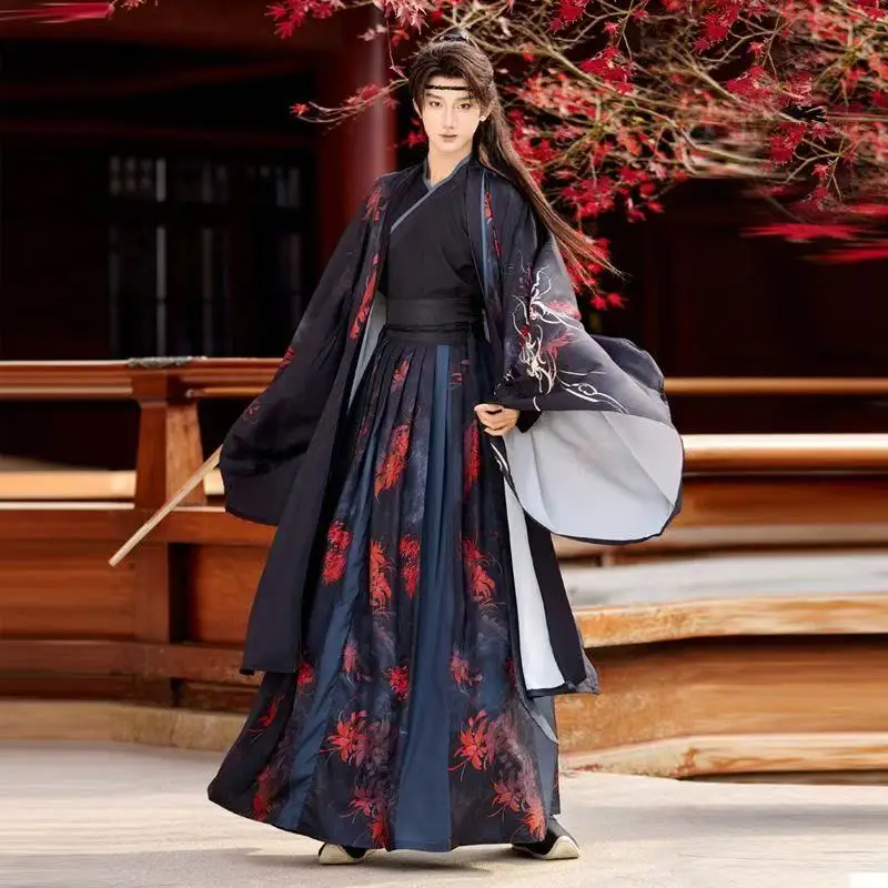 Red Spider Lily Flower Hanfu Dress Men Women Traditional Red Black Shore Floral Printing Costume Ancient Swordsman Cosplay Suit