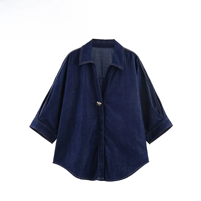 

Fashionable Denim Embellished Shirt ZR Summer New Arrival Women's Clothing Polyester Fabric Seven Sleeve Regular Fit Shirt