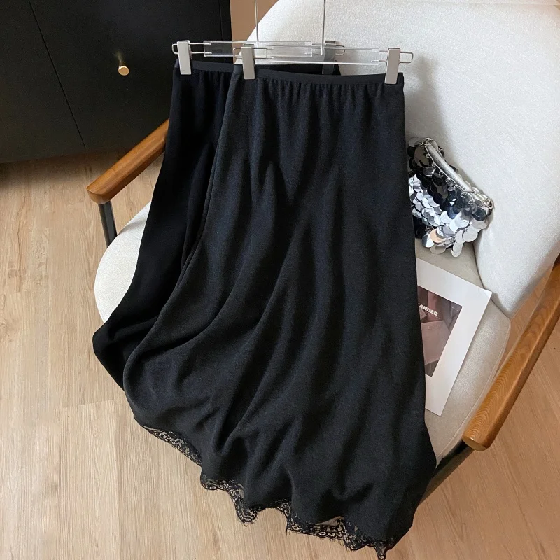 

Autumn Winter Lace Cashmere Woolen Skirt Solid Splicing Fashion Office Ladies OL Work Midi Long Skirt Black