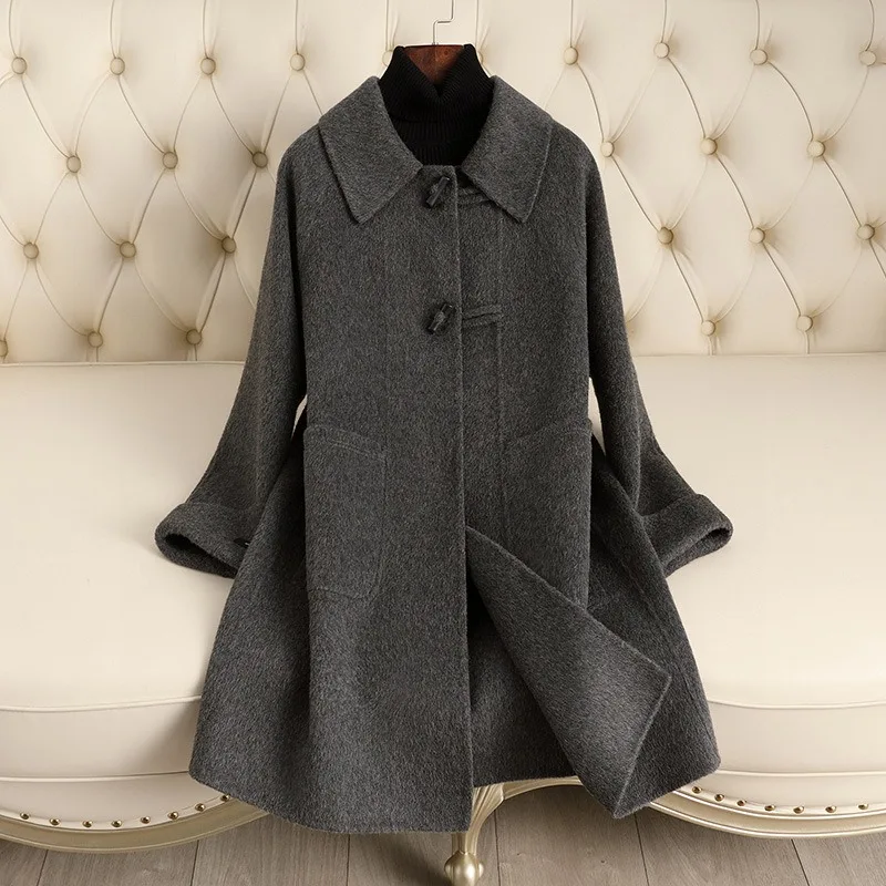 Double-sided Cashmere Coat Women Mid-length Autumn Winter New Style Loose and High-end Horn Buttons Pure Handcrafted Wool Coat