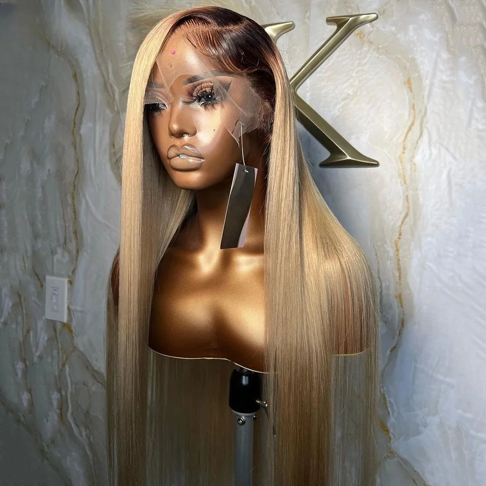 

Ombre Blonde 26 Inch Long 180% Density Straight Synthetic Lace Front Wig With Bangs For Women Preplucked Glueless Heat Resistant