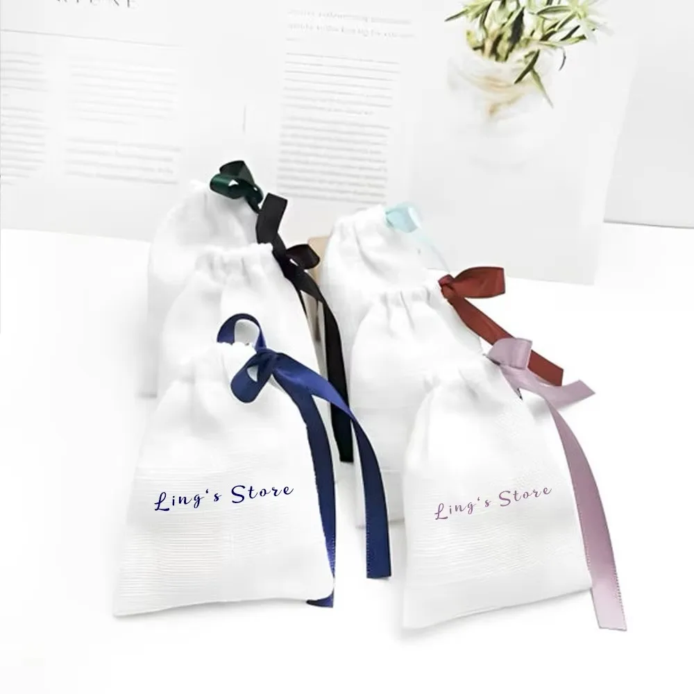 50pcs Personalized Bamboo White Cotton Jewelry Bag With Single side Ribbon for Earring Perfume Keychain Aromatherapy Cosmetics