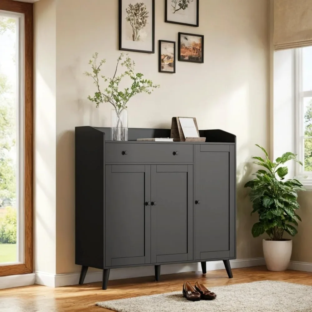

Black Large Shoe Cabinet fit up to Size 16, Shoe Storage Cabinet with 3 Doors and 1 Drawer, Wooden Organizer for entry