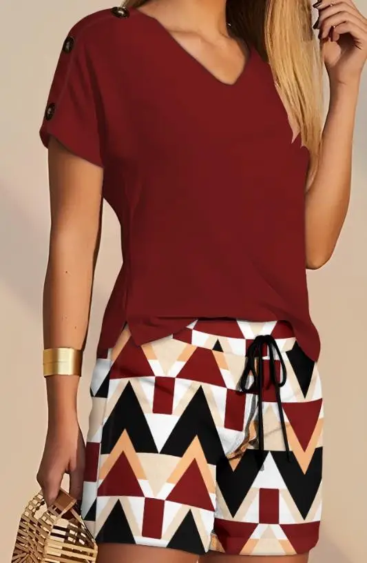 Two Piece Set Women Outfit 2023 Summer Fashion V-Neck Short Sleeve Top & Casual Geometric Print Drawstring High Waist Shorts Set