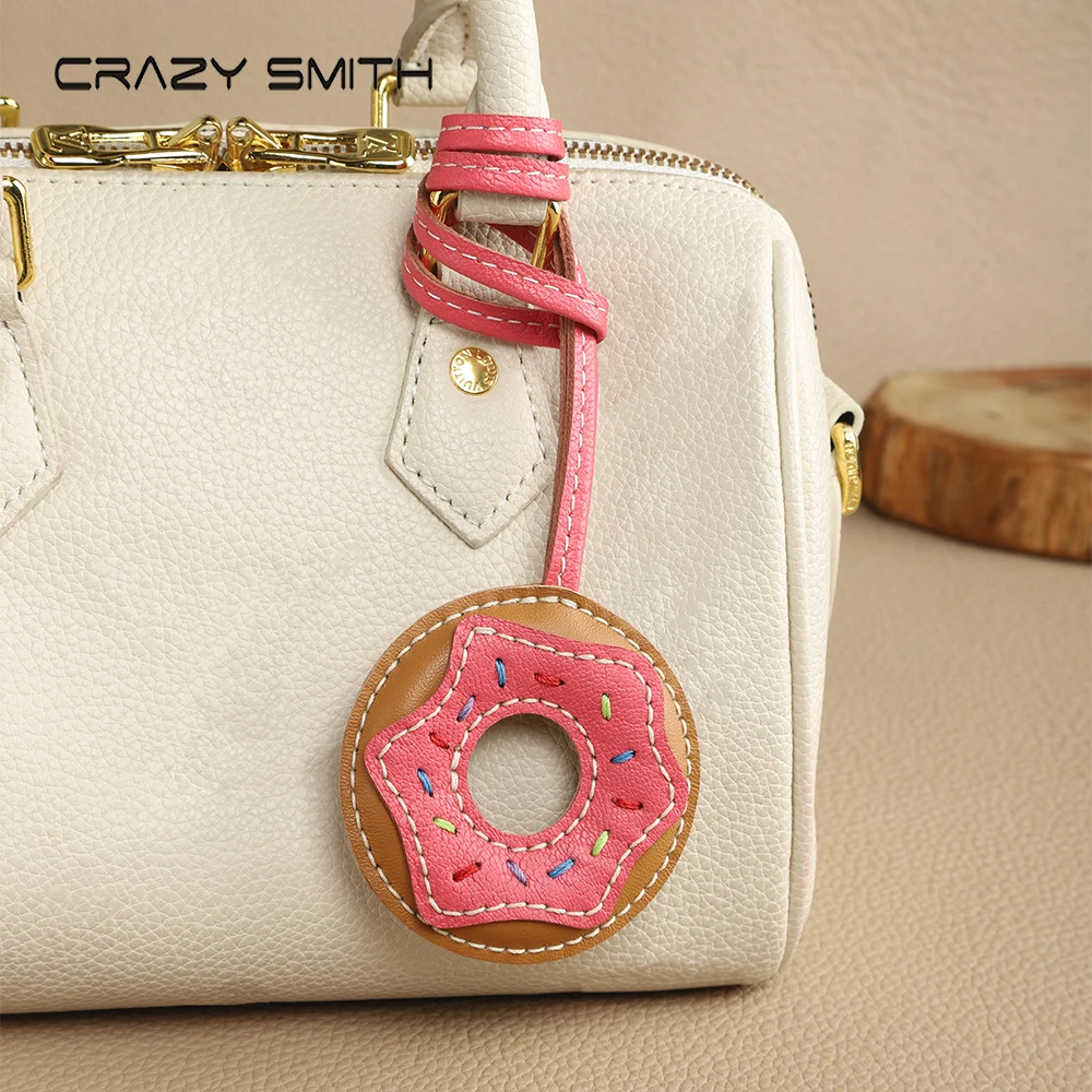 CRAZYSMITH Handmade Donut Bag Pendant Genuine Leather Bag Keychain For Handbags Interesting Stylish Leather Bag Accessories