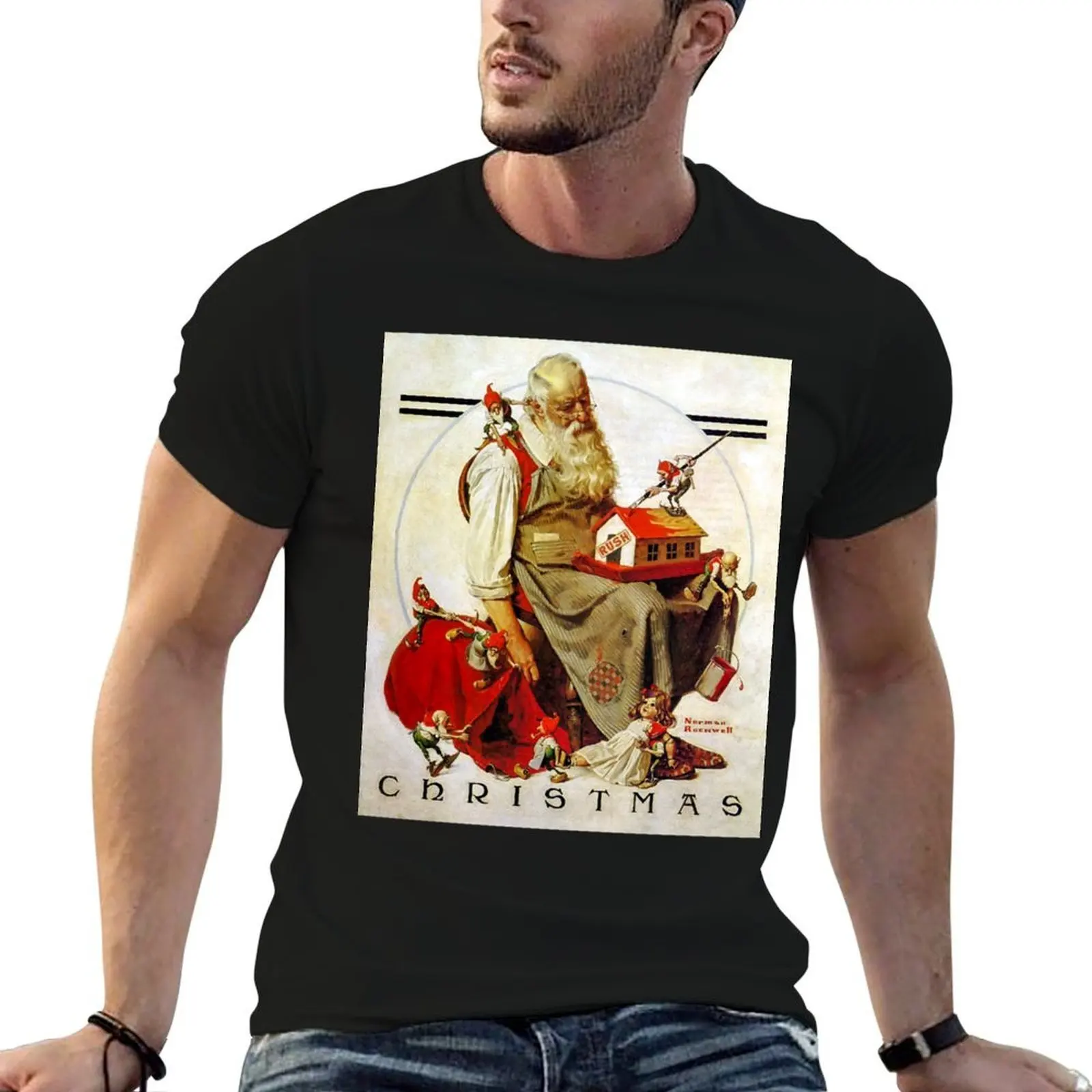 Music Vintage Retro Norman Rockwell Santa And His Elves Love You Fans T-Shirt plus sizes Short sleeve tee men t shirts