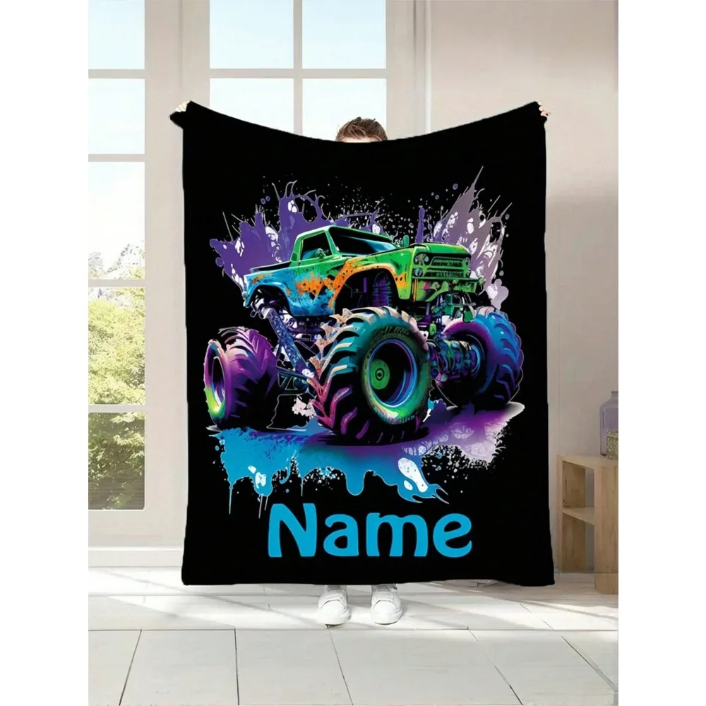 1 Stück personalisierte Cartoon-Monster-Truck-Flanelldecke – weich, gemütlich, warm für Couch, Bett, Reisen |   Benutzerdefinierte Namensoption |   Perfektes Geschenk