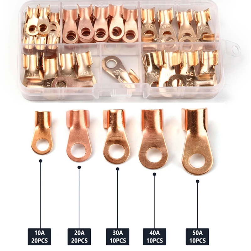70pcs OT Crimp Terminal Lug Bare Copper Connectors Wire Cable Electric Connect Terminal Open Ring Lug 10A 20A 30A 40A 50A