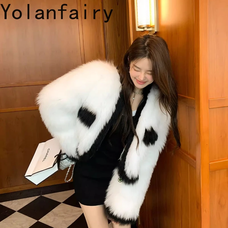 

YOLANFAIRY autumn and winter Imported fox woven real fur V-neck high-waisted long-sleeved short coat шуба женская 2025