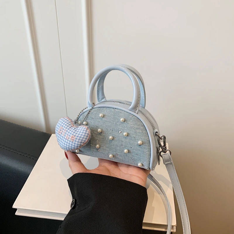 Black White Sliver Pink Pearl Denim Mini Top Handle for Women Girls Cute Heart Gingham Charm Crossbody Shoulder Bag Y2K Purse