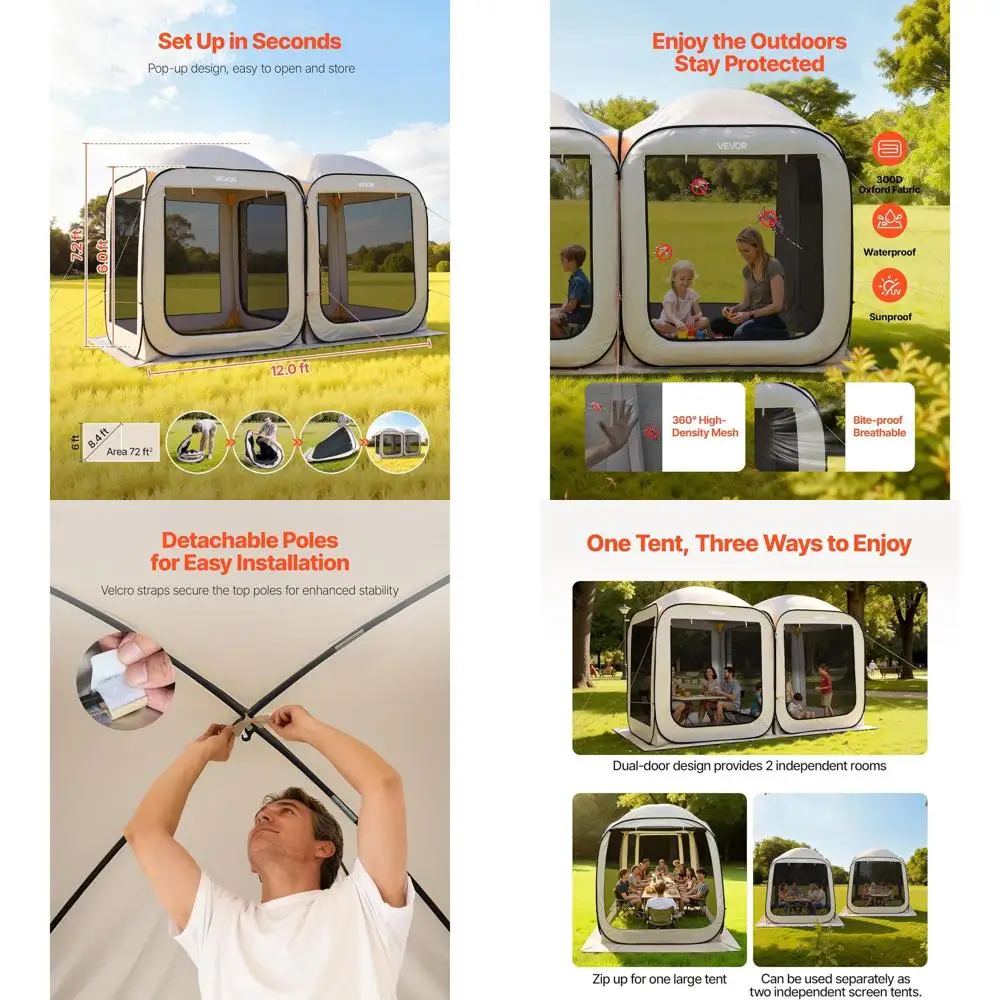 

2-in-1 Portable Dual Room Sun Shelter Tent with Carry Bag, Netting Sides & Ground Stakes for Outdoor Activities, Beige