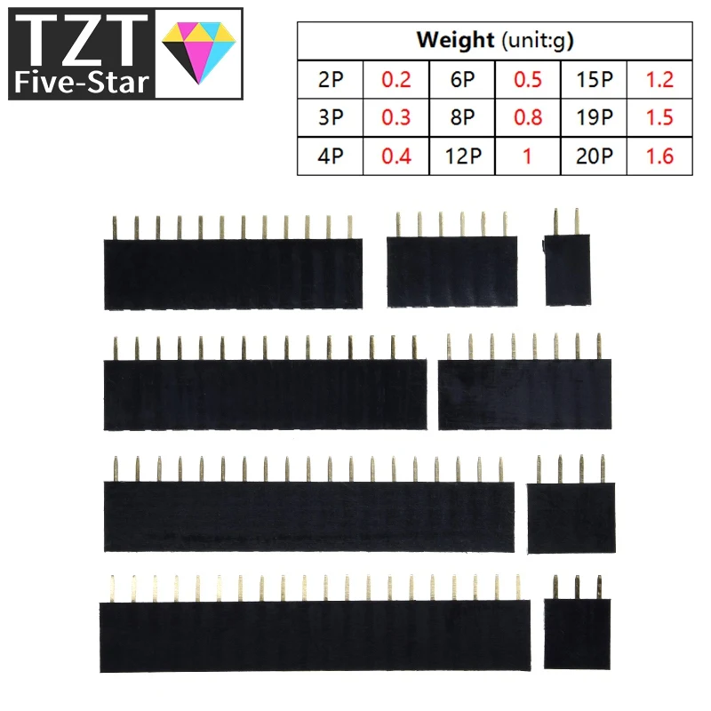 10PCS Single Row Pin Female Header Socket Pitch 2.54mm 1*2P 3P 4P 6P 8P 12P 15P 20P 40P Pin Connector For Arduino