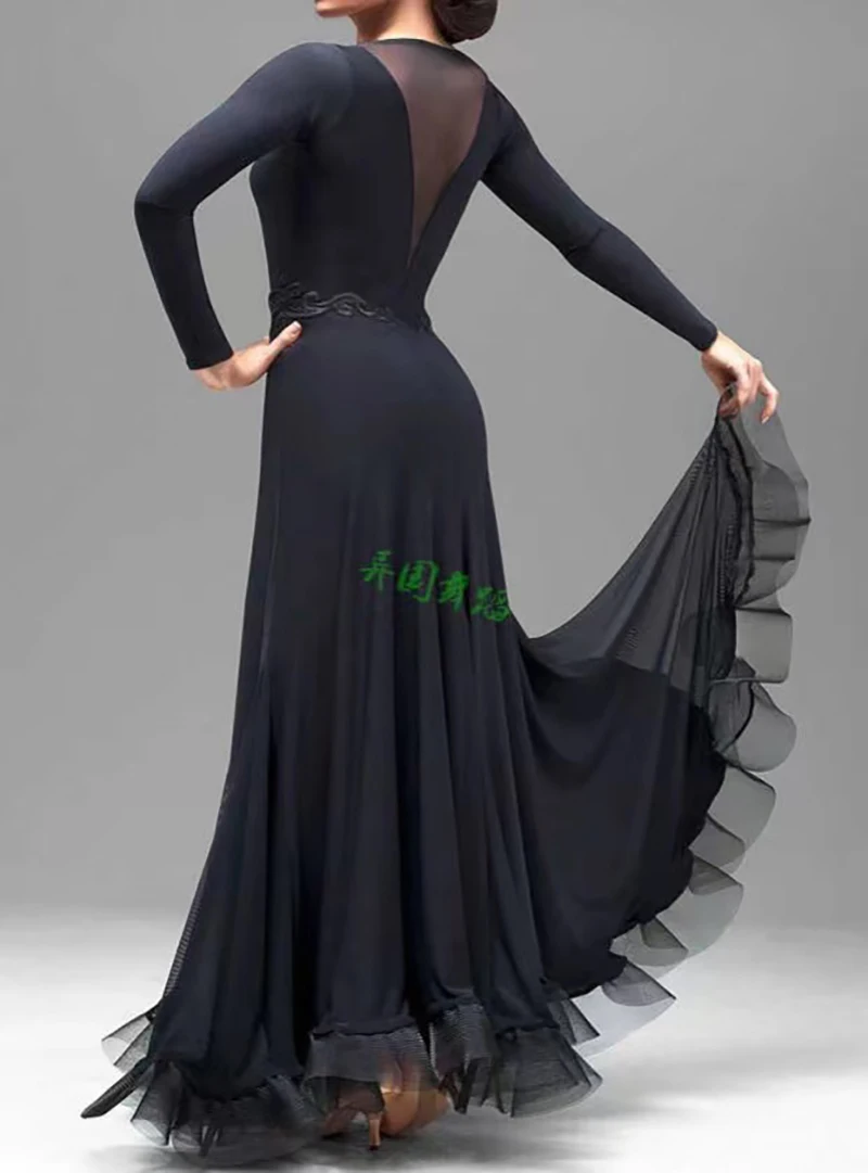 Black Ballroom Competition Dance Dresses Women High Quality Flamenco Skirt Lady's Elegant Long Sleeve Standard Ballroom Dress