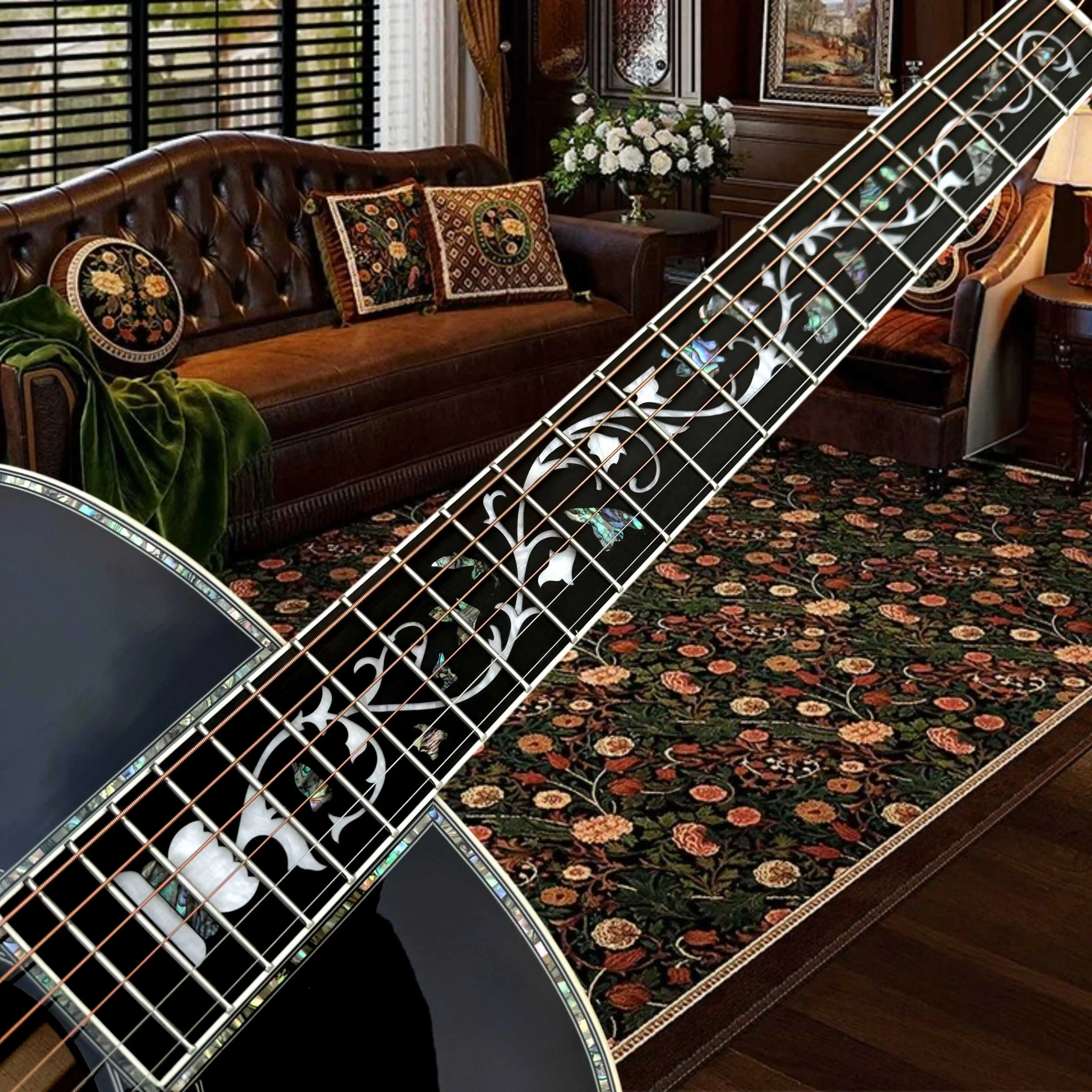D45VS Acoustic Guitar Small Floral Rosette Black Ebony Bridge Abalone Fingerboard Inlays Vintage Scrollwork Bridge Fingerstyle