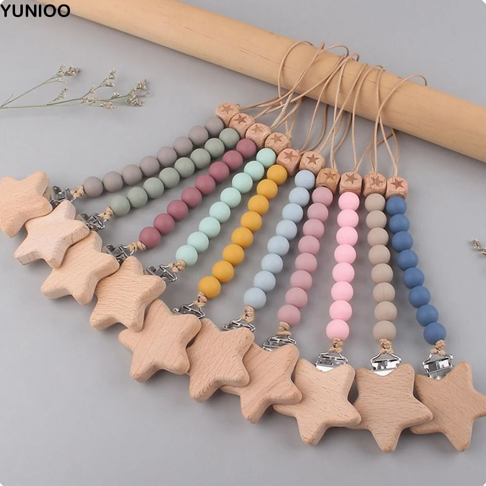 

Soft Nipple Holder Leash Star Beads Anti-drop Wooden Food Grade Molar Chain Lanyard Baby Pacifier Chain Pacifier Clips Chains