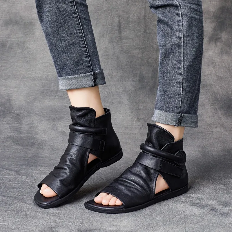 Birkuir Fashion Pleated Women Sandals Genuine Leather Flats High Top Sandals Luxury 2024 Open Toe Summer Boots Hook Loop Sandals