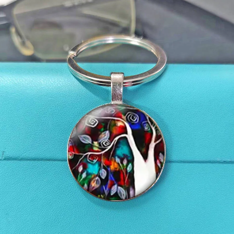 Fashionable Fire Ink Wash Bare Tree Cabochon Keychain, Nebula Splash Art Healing Gift Keyring