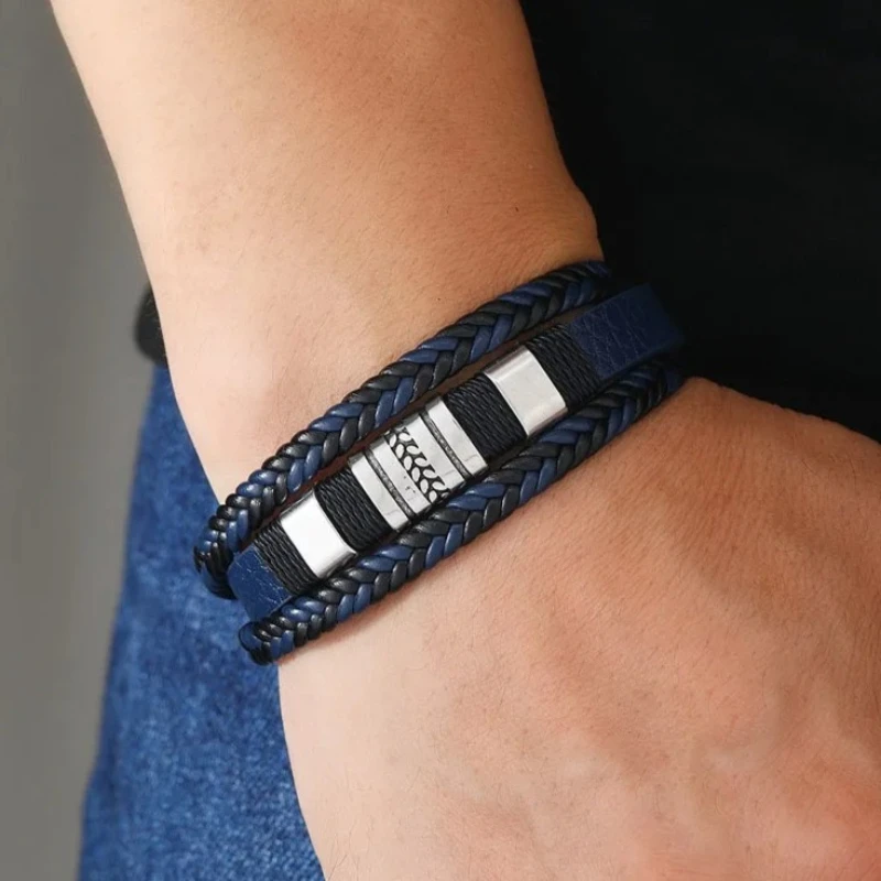 Men's Hand Jewelry Accessories Retro Braided Leather Bracelet with Metal Accents Magnetic Closure Wrist Jewelry Cuff Bracelets