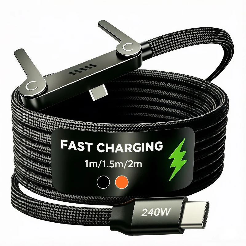 240W Quick Charging Type-C Elbow Cables with Invisible Phone Kickstand Nylon Braided USB C To C Cord for IPhone Samsung Xiaomi