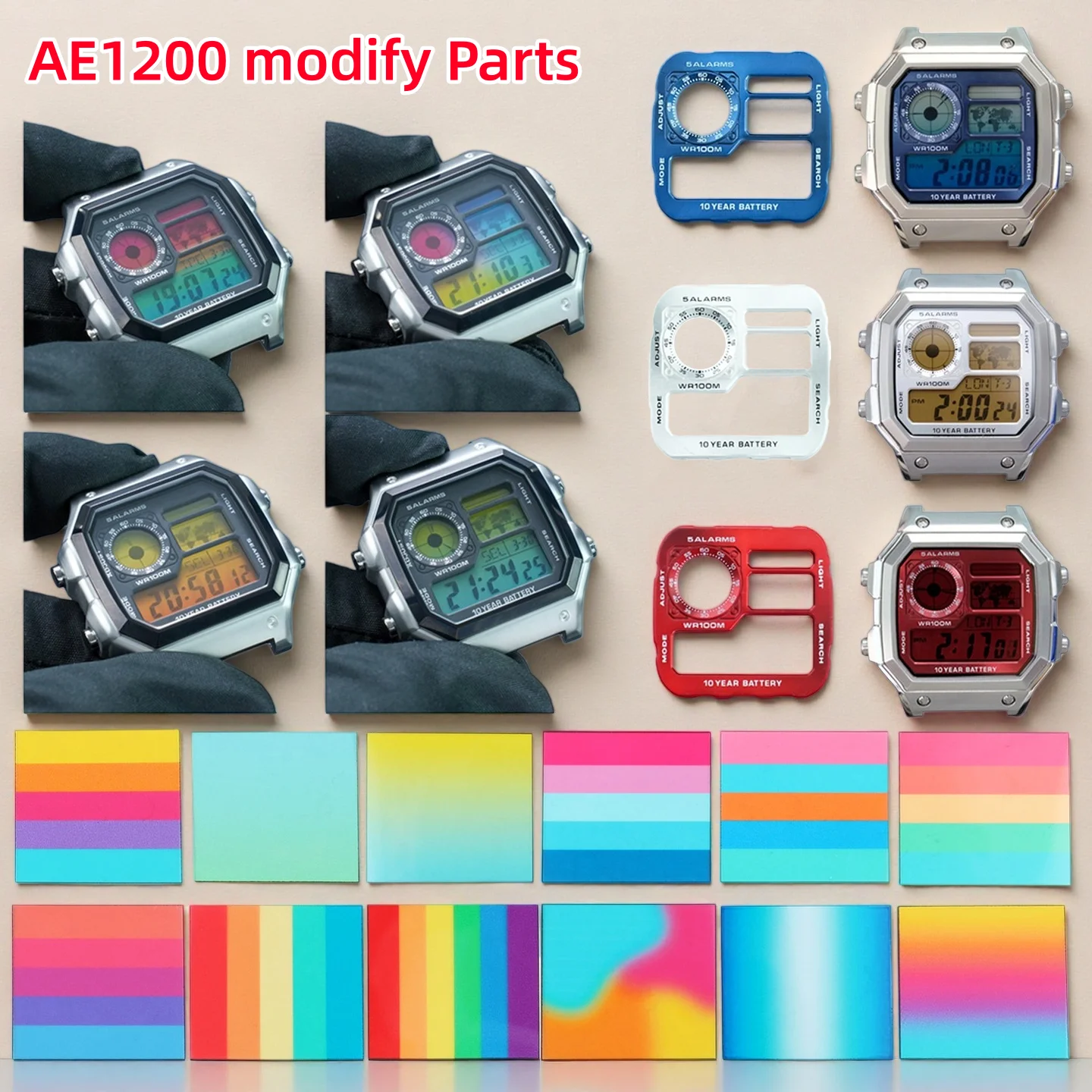 AE1200 AE1300 DIY Colorful Gradient Screen Sticker dial set modification Upgrade watch accessories