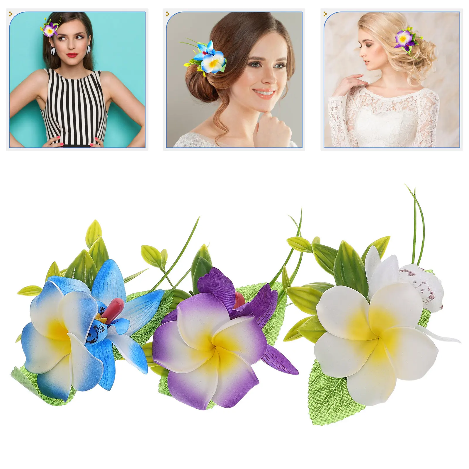 

3Pcs Hawaiian Plumeria Hair Clips Women Tropical Flower Hairpins Lightweight Easy Use Beach Party Daily Wearing Floral Hair