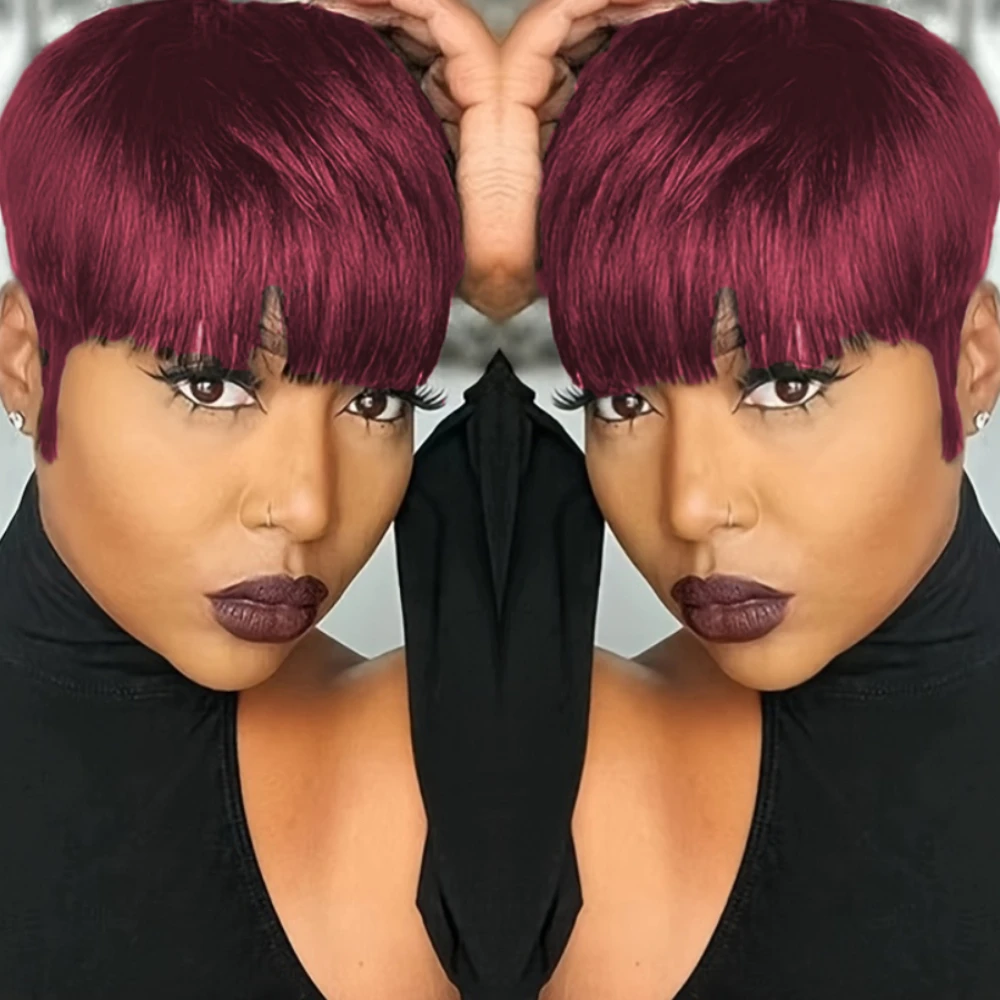 컬러 가발 픽시 컷 스트레이트 인간의 머리 가발 여성용 전체 기계 제작 인간의 머리 가발 150% 밀도 6인치