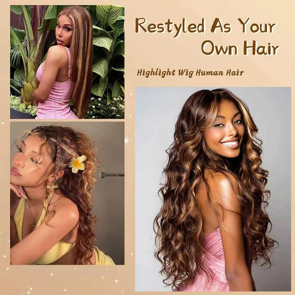 34 Inch Honey Blonde Ombre Body Wave Lace Front Wigs Human Hair 200 Density 4/27 Highlight 13x4 Lace Front Natural Black Wig Human Hair for Women Glueless Wigs Human Hair Pre Plucked HD Lace Frontal Wig