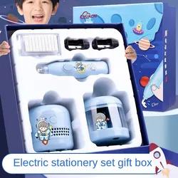 1Set Kids Learning Electric Stationery Set - 6 Piece Gift Box with Automatic Astronaut Pencil Sharpener and Supplies for School