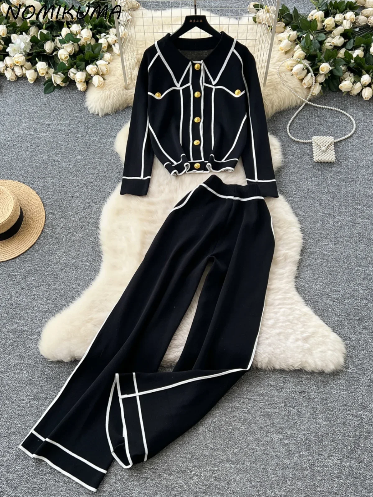 Nomikuma Fashion Color Blocked Turn-down Collar Metal Buckle Long Sleeved Knitted Top Women High Waist Wide Leg Long Pants Set