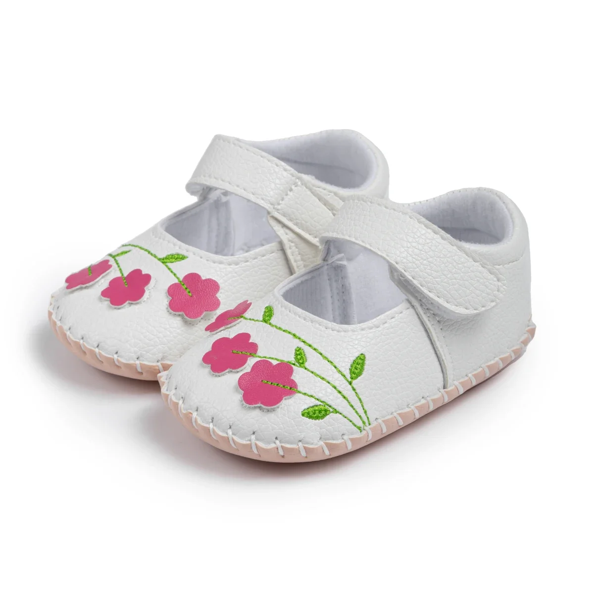 Meckior Baby Boys Girls Pu Leather First Walking Crib Shoes Toddler Rubber Sole Infant Embroidered Flower Princess Baby Shoes