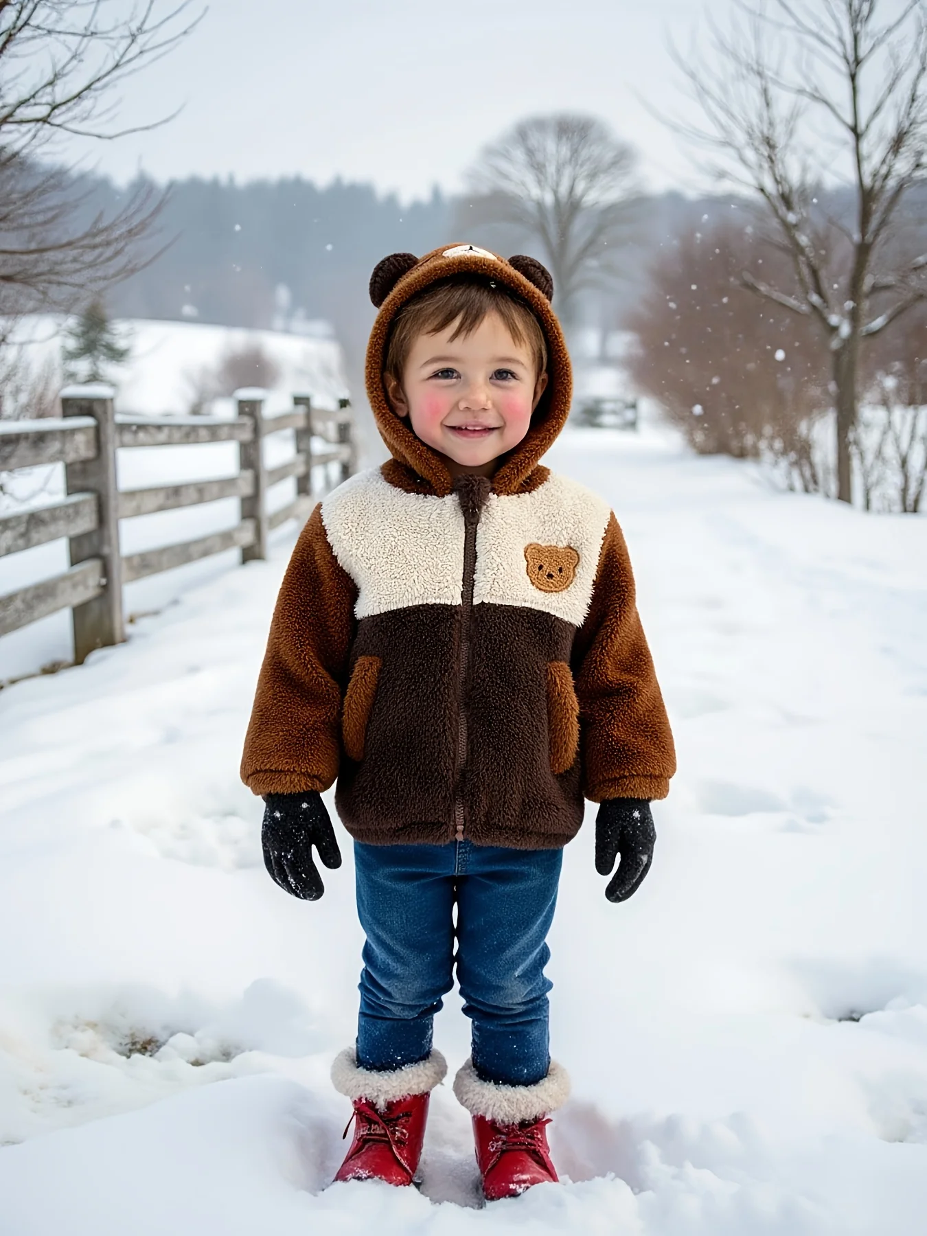 

Cute Boys And Girls For Autumn And Winter Little Bear With Sticker Embroidery Hooded Plush Jacket And Winter Warm Zipper Shirt