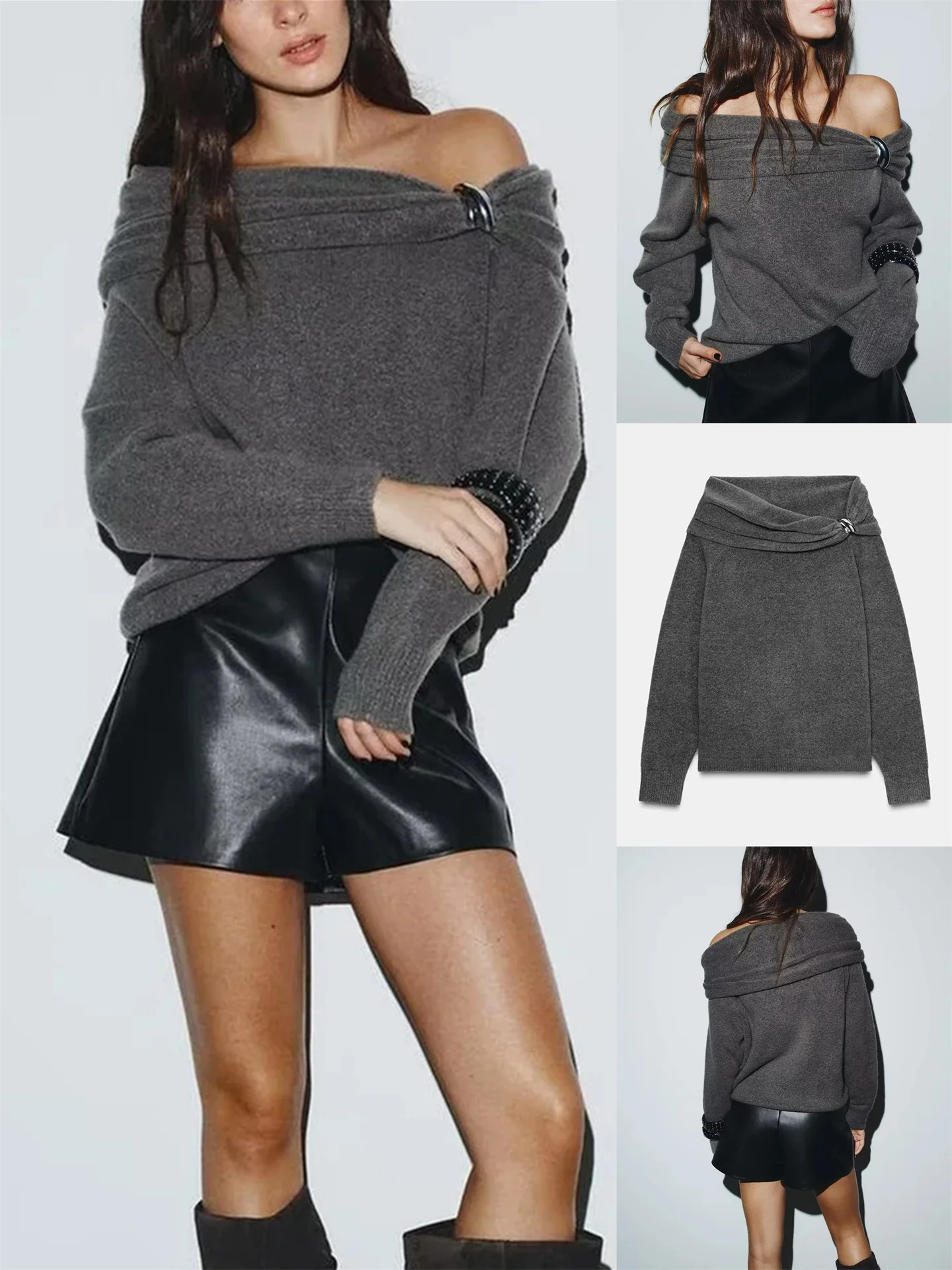 

Вязаный свитер с колючками в стиле ретро, металлический, на одно плечо, женский, Новое поступление, мягкий, свободный крой, длинный цвет све