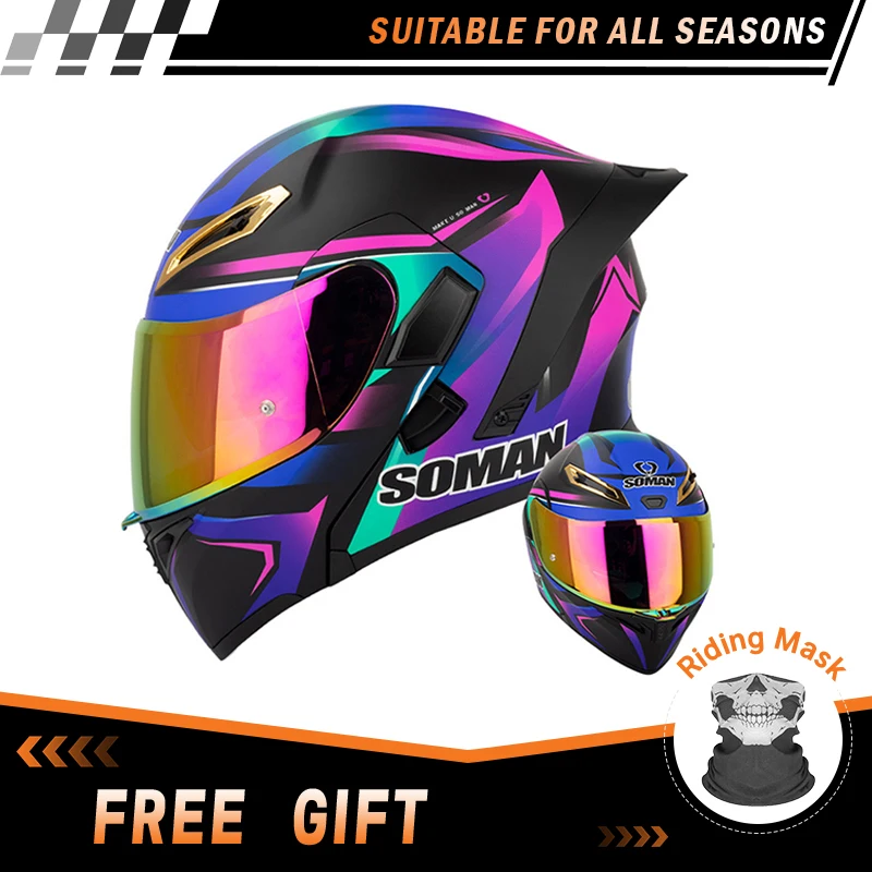 SOMAN откидной мотоциклетный шлем с двумя линзами, одобренный DOT, модульный шлем с двойным козырьком, шлем для мотокросса, универсальный сезонный шлем SOMAN откидной мотоциклетный шлем с двумя линзами, одобренный DOT, модульный шлем с двойным козырьком, шлем для мотокросса, универсальный сезонный шлем