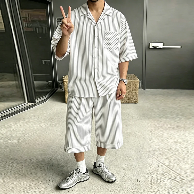 INCERUN Men Striped Sets Loose Summer Lapel Short Sleeve Shirt Pants Two Piece Sets Streetwear Fashion Casual Men Matching Sets