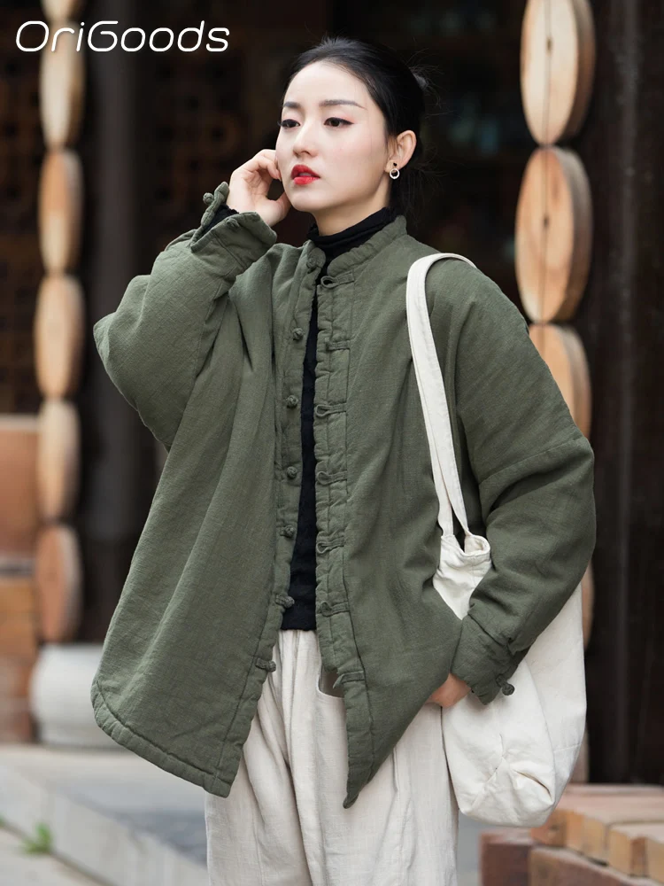 OriGoods Women Padded Coat Oversized Loose Chinese Style Warm Thick Winter Coats Cotton Padded Jacket Ramie Zen 2024 New B102