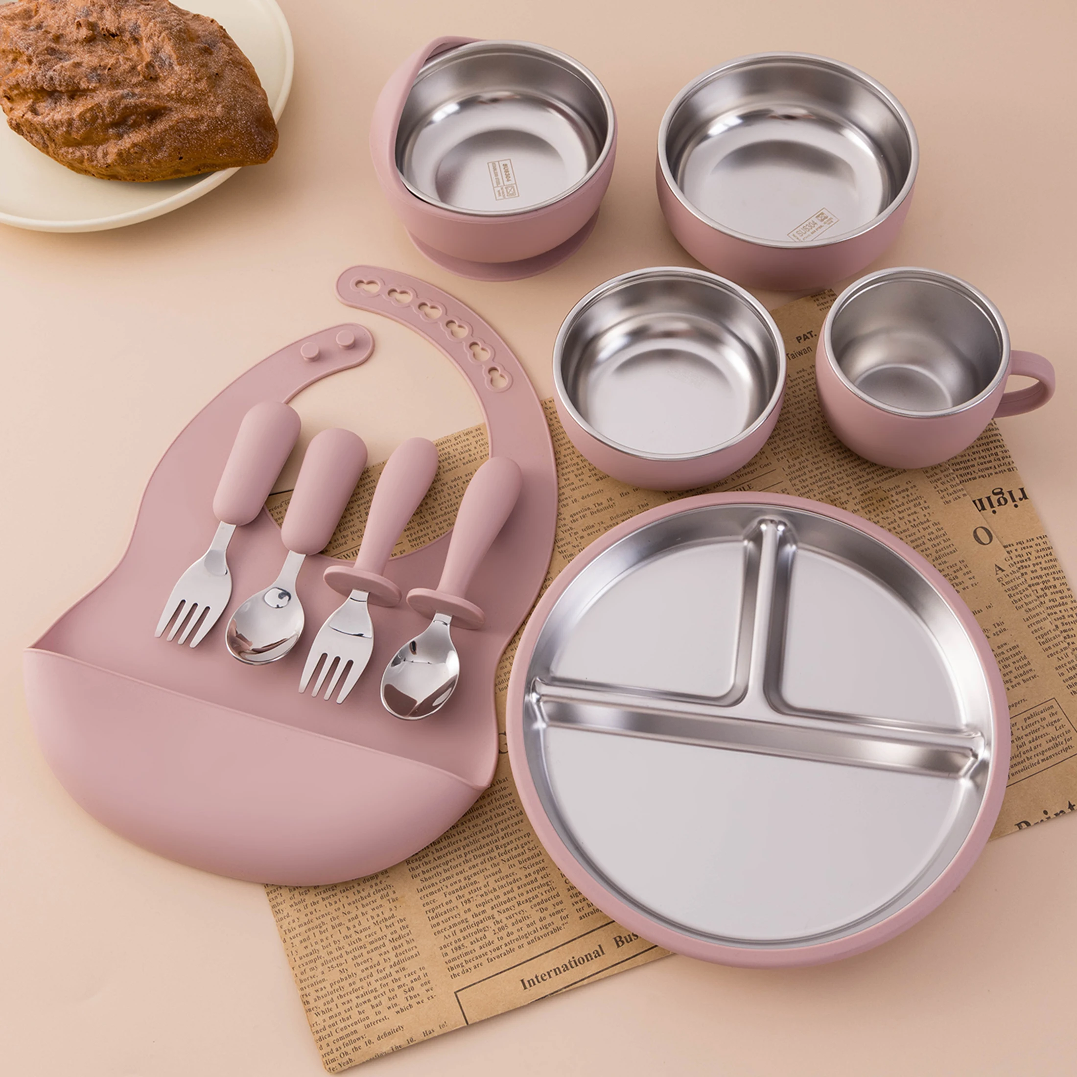 10PCS BPA Free Stainless Steel Silicone Feeding Set Baby Tableware Sucker Bowl Plate Bib for Kids Weaning Utensils Spoon Fork
