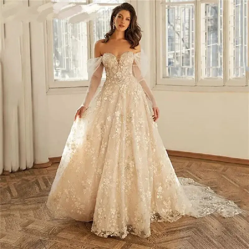 

Princess Sweetheart Off The Shoulder Wedding Dresses Long Sleeves Backless Lace Tulle Applique Bridal Gown Vestido De Novia