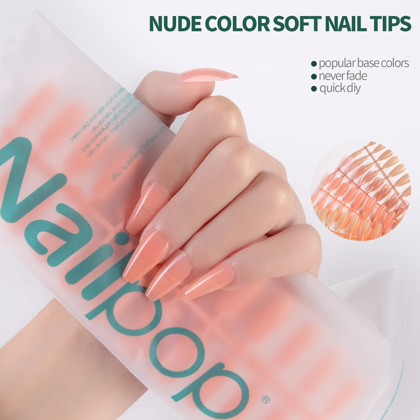 

Nailpop Nude Color Acrylic Nails Tips Press on Coffin Almond Nail Extension Colorful Square Soft Gel Artificial Fingernails