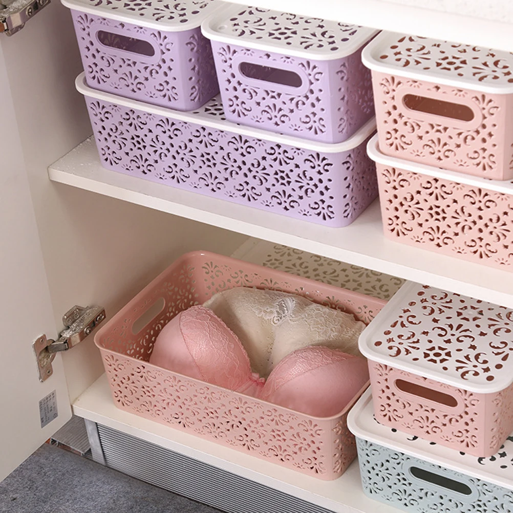 

Underwear Storage Box Stackable Bins Lidded Plastic Basket Hollow Out Retro Pattern Versatile Container For Clothes Socks