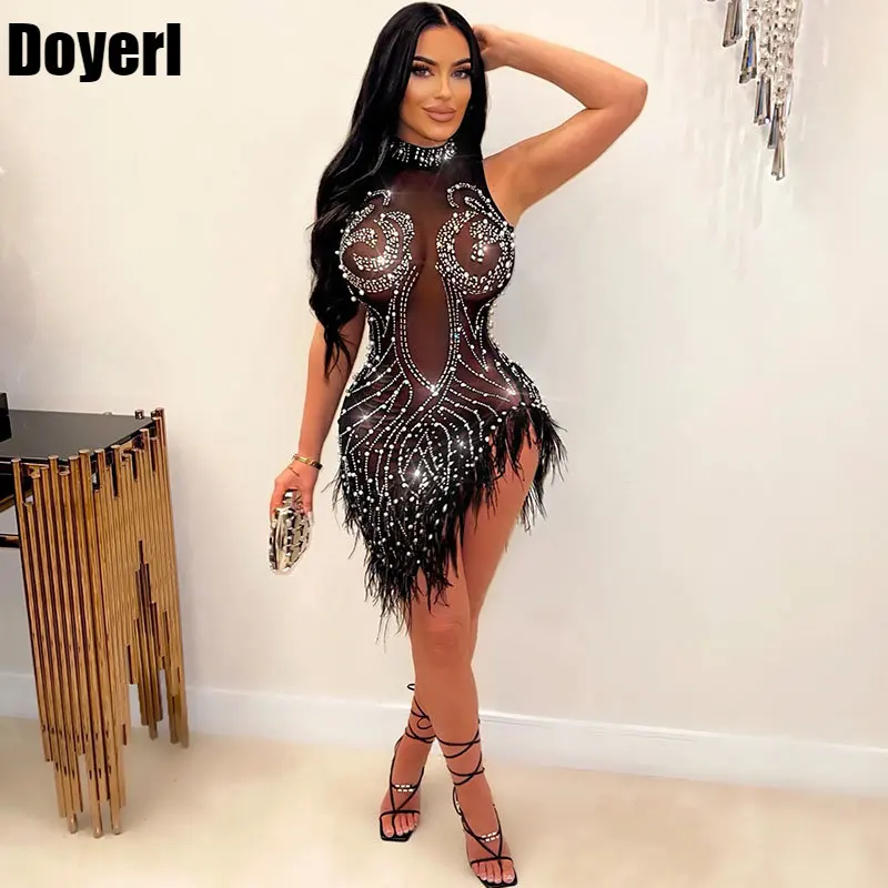 

Sexy Pearls Rhinestones Birthday Dress for Women Night Club Party Prom Dresses Elegant Feathers Mesh Sheer Bodycon Mini Dress