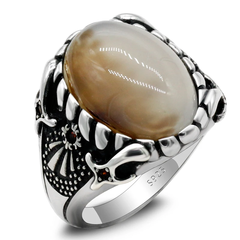 

s925 Sterling Silver Natural Ocean Onyx Stone Men's Ring Vintage Party Punk Style Men Ladies Engagement Wedding Jewelry