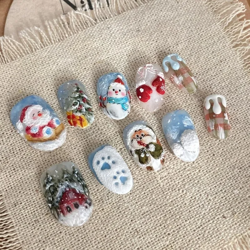 24Pcs False Nails Snowy Fairy Tale Christmas Sleigh Santa Claus Forest Press-On Nails—Perfect As A Gift for Girls and Friends