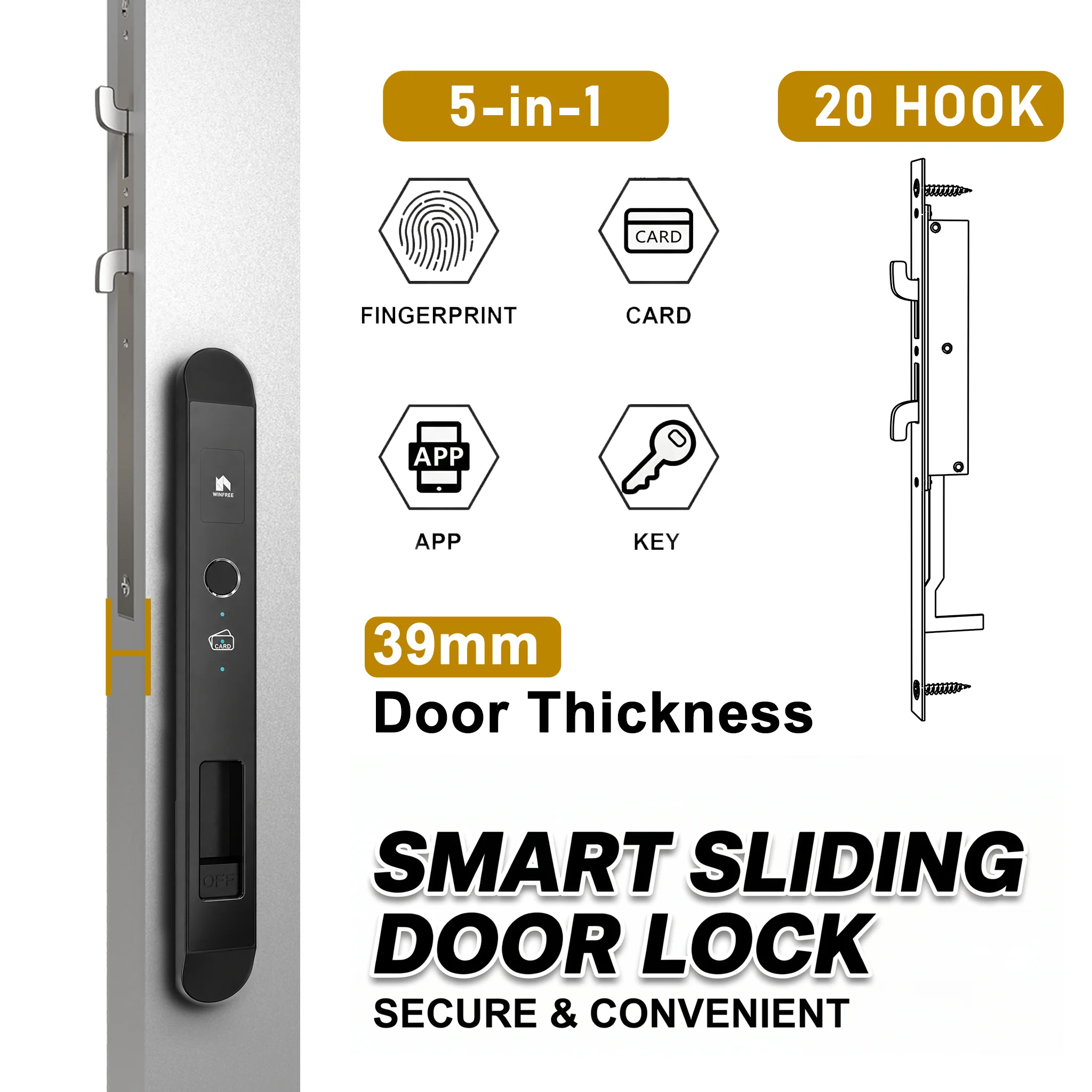 

WINFREE Smart Slim Swing Door Lock Tuya Bluetooth Intellegent Lock Fingerprint Smart Card Lock Keyless Digital Lock
