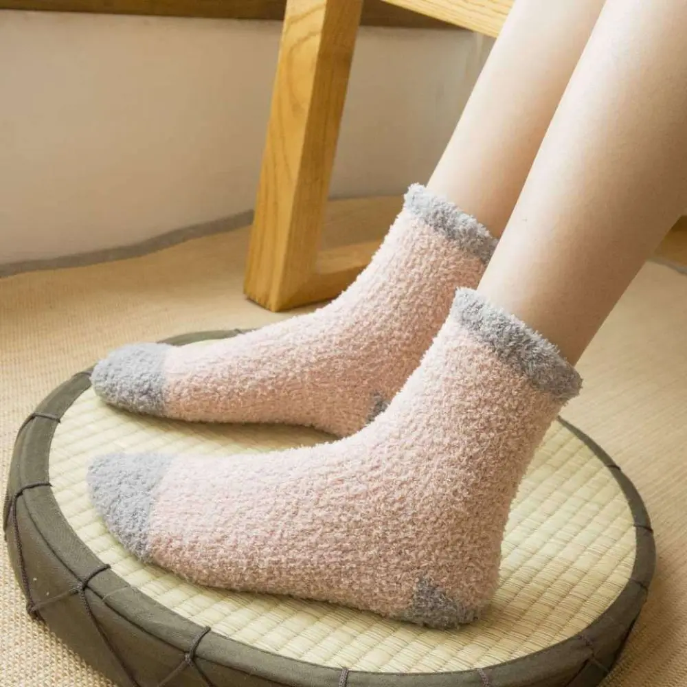 5Pairs Creative Thickened Coral Fleece Socks Patchwork Sleeping Floor Plush Socks Hosiery Simple Warm Boat Socks Women Autumn
