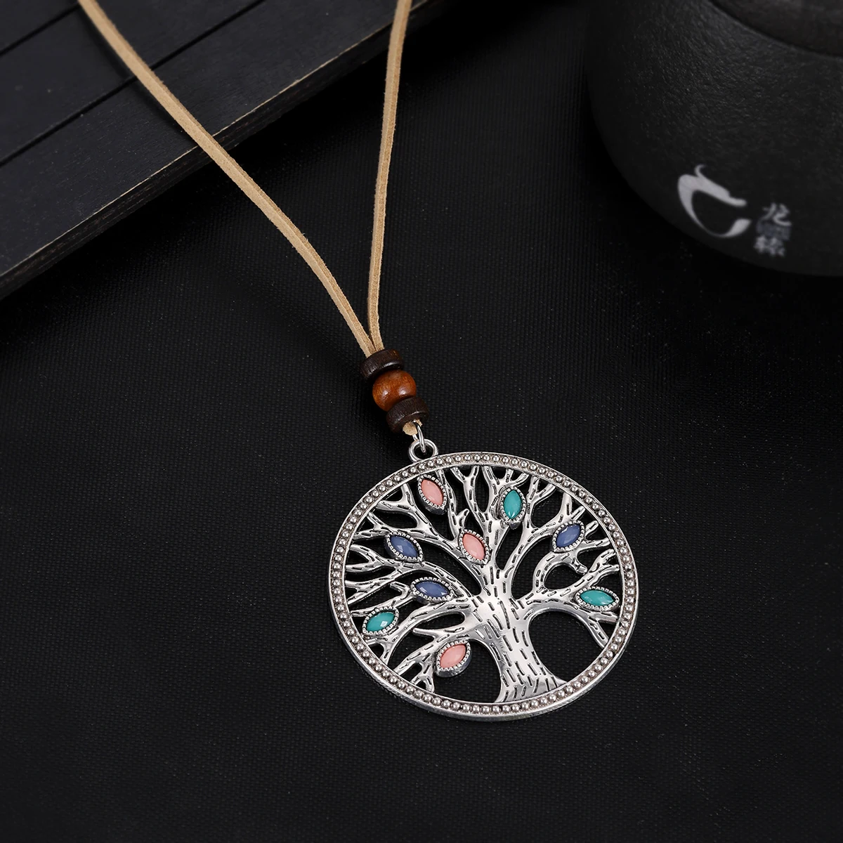 Boho Tree of Life Pendant Necklace Women Vintage Multicolor Crystal Beads Hollow Round Necklaces Gypsy Meditation Jewelry Gift