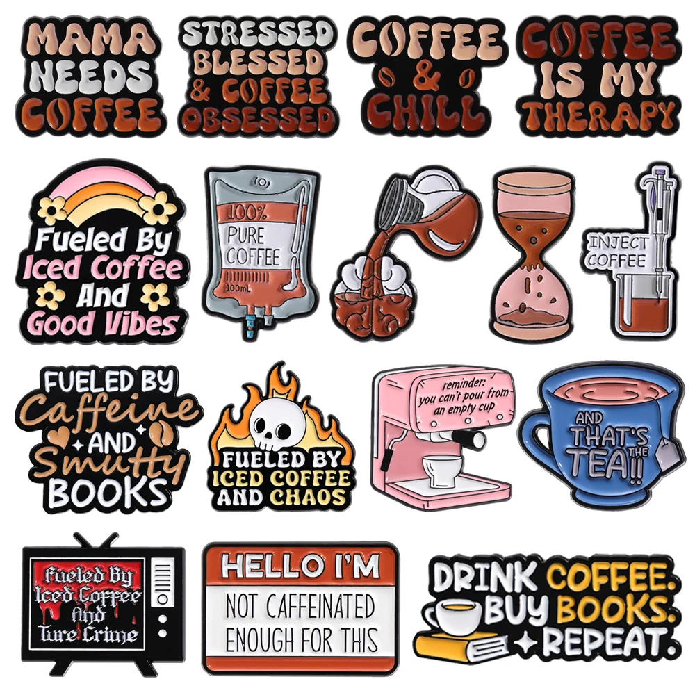 

Stressed Blessed Coffee Obsessed Custom Letters Quotes Enamel Pins Cartoon Coffee Machine Cup Hourglass TV Reading Rainbow Pins